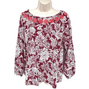 Sundance Floral Red/White Crochet Accents 100% Cotton Blouse Size M